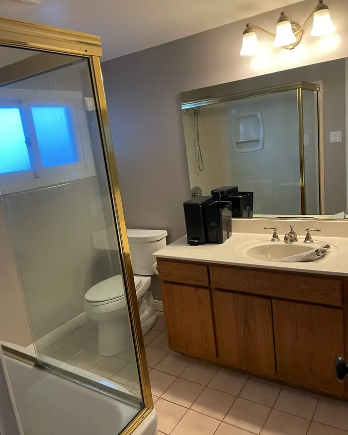 Bathroom with vanity, mirror and glass shower before demolition